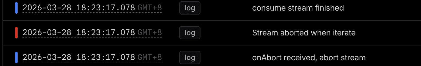 Cogmux logs: onAbort received → Stream aborted
