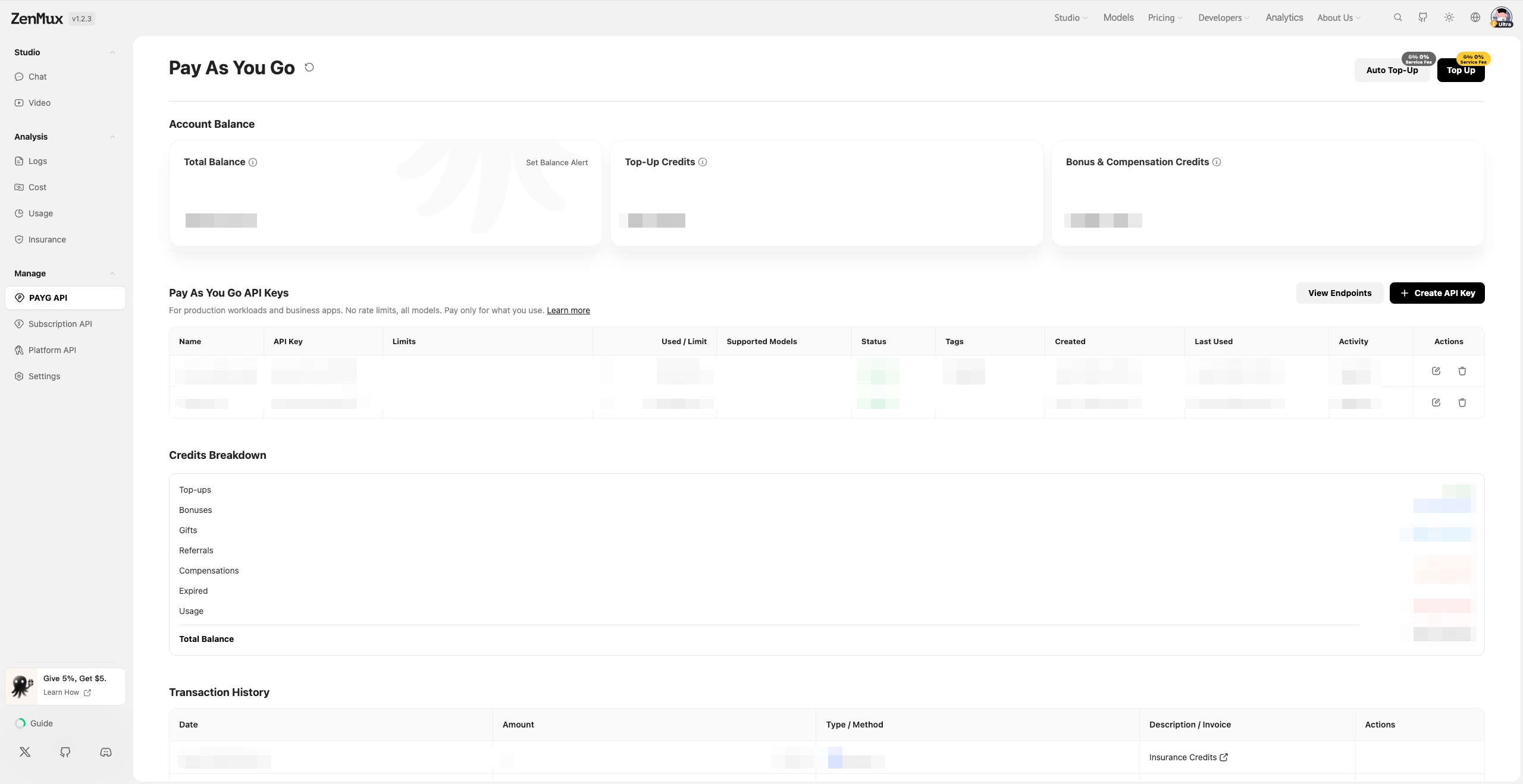 Pay As You Go management page
